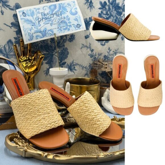 🆕 SIMONMILLER 🧿 NWOB Braided Raffia Moderno Sandals, Sculptural Heel Sz39 US 9 - Picture 1 of 14